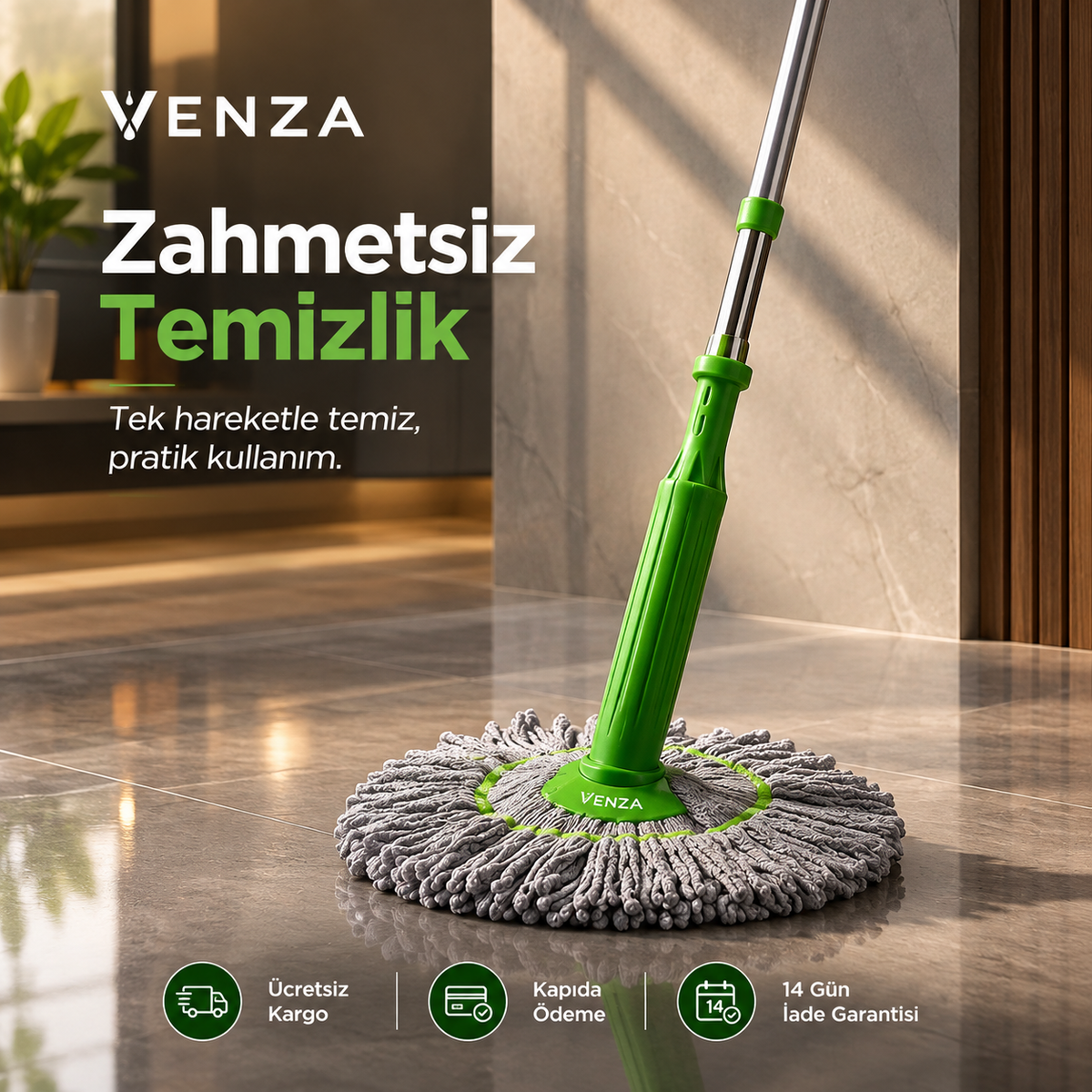 Venza-Paslanmaz Çelik Gövdeli Kendinden Sıkmalı Mop